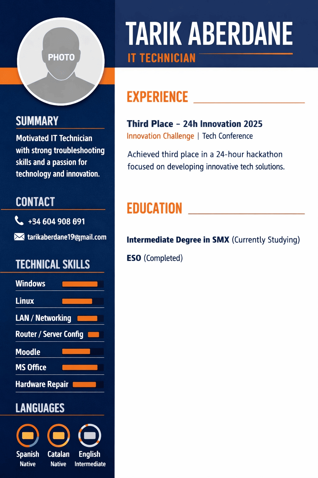English CV of Tarik Aberdane - IT Technician (Vibrant Design)