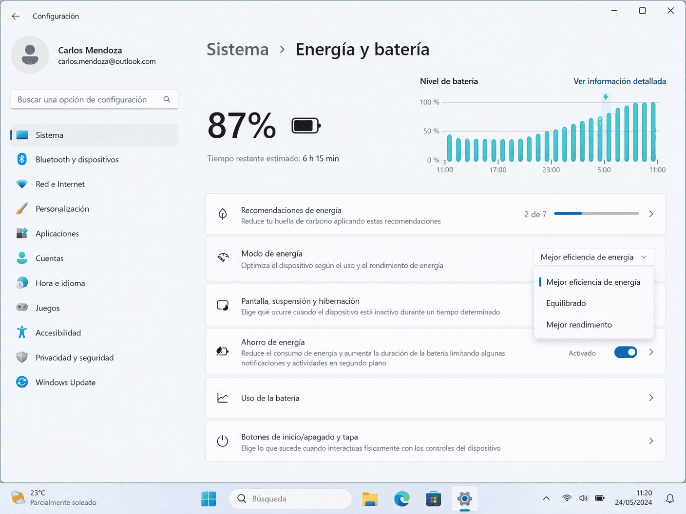Windows 11 configuració energia i bateria - mode eficiència activat